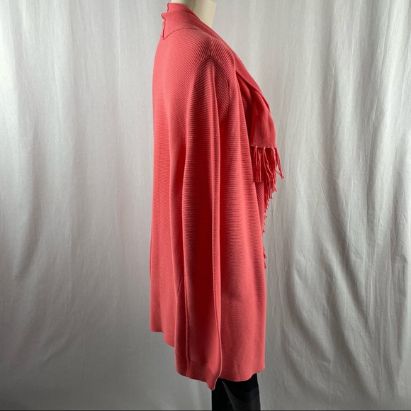 Repeat Coral Pink Open Cotton Blend Long Cardigan with Fringe Trimmed Edge M - Picture 3 of 8